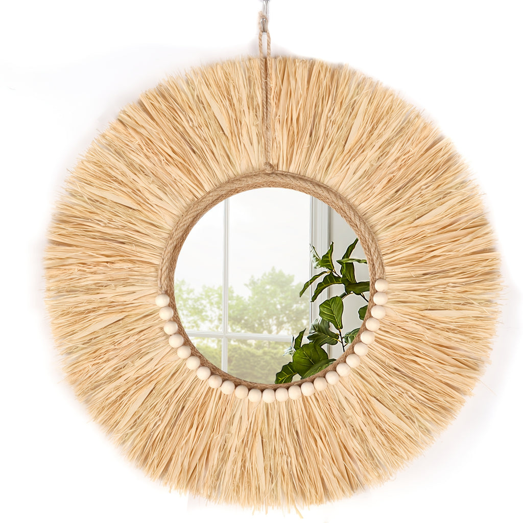 1 Peça Espelho de Parede de Ráfia e Contas de Madeira, Decoração de Alta Qualidade para Casa, Ornamento Artesanal Estilo Boêmio, Minimalista para Sala ou Quarto