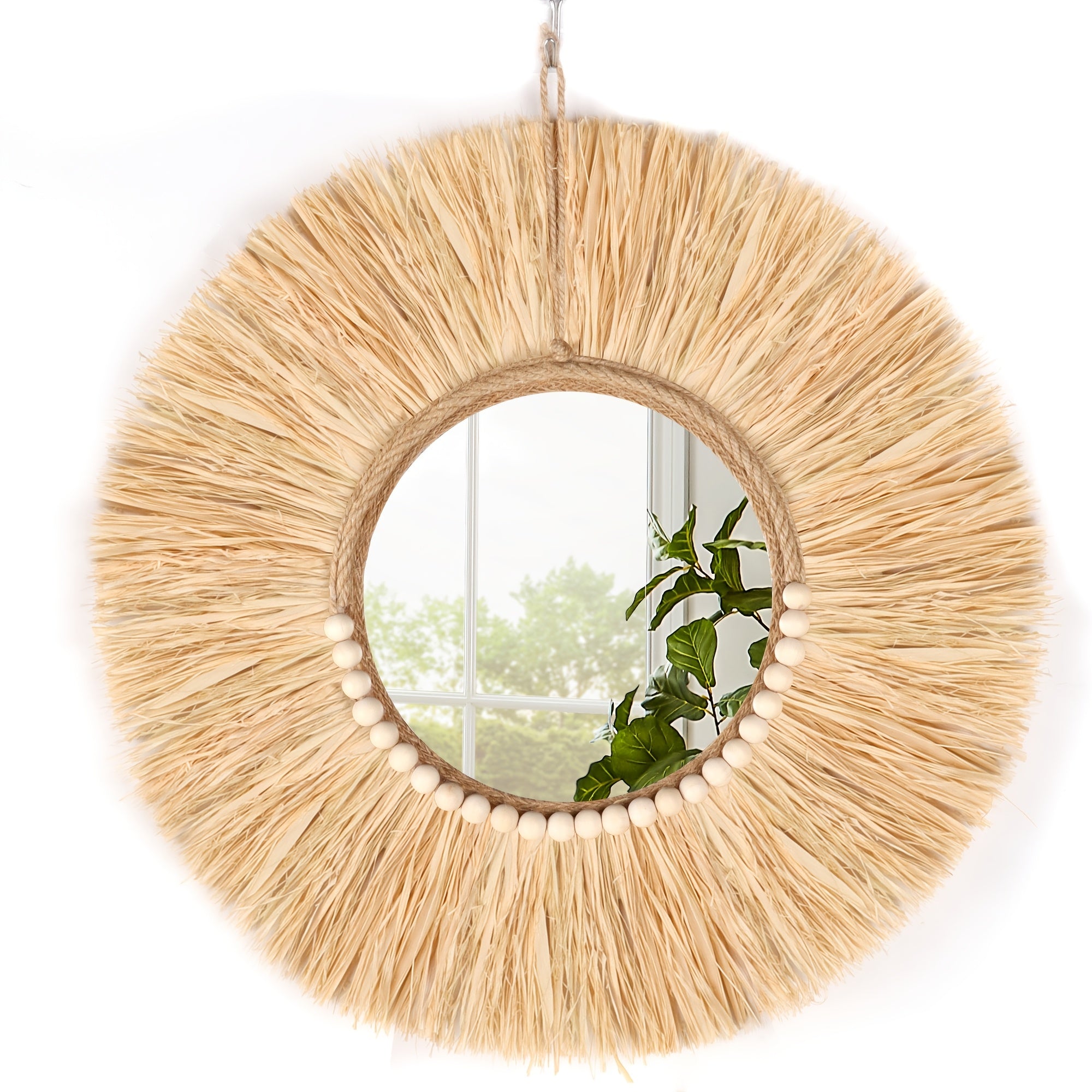 1 Peça Espelho de Parede de Ráfia e Contas de Madeira, Decoração de Alta Qualidade para Casa, Ornamento Artesanal Estilo Boêmio, Minimalista para Sala ou Quarto