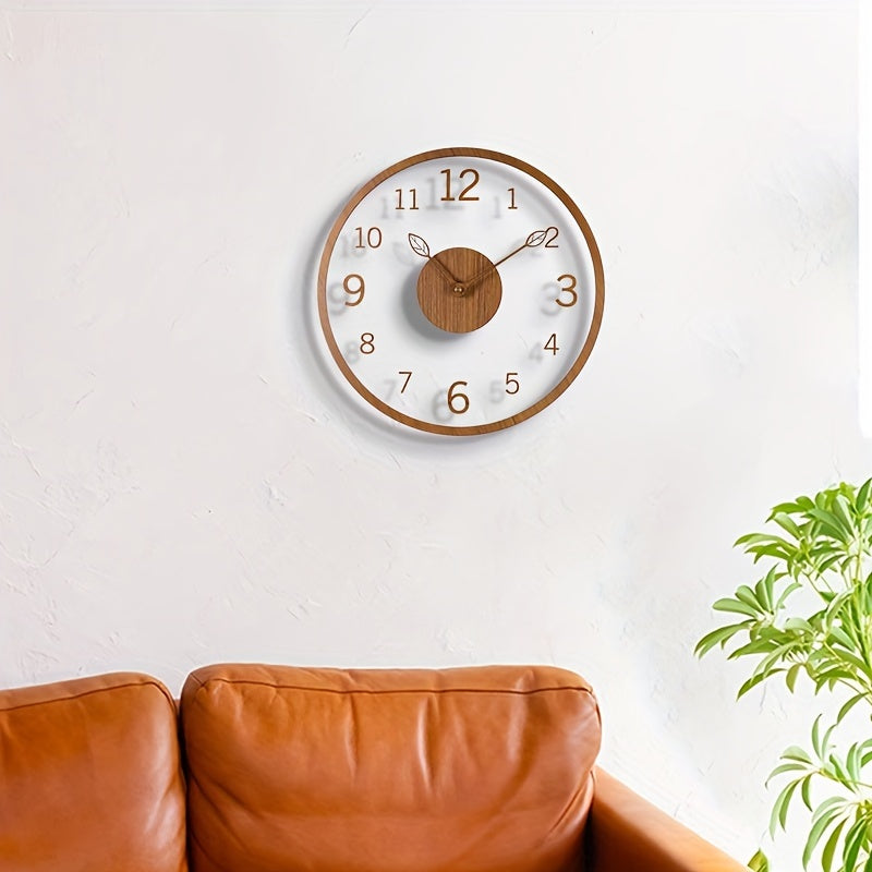 1 peça de um relógio flutuante transparente e minimalista com uma mão criativa em forma de folha, projetado com uma extremidade em grão de madeira. Funciona em silêncio sem tic-tac, tornando-o ideal para decorar o seu sala de estar, quarto, cozinha, escritório.