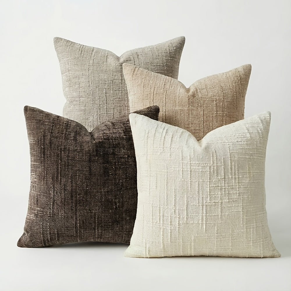 Conjunto de 4 Capas de Almofada Decorativas Boho em Chenille Macio com Textura, 45.72cm*45.72cm, Capas de Almofada Rústicas Lisas com Detalhes, Cores Misturadas, Fecho de Zíper, Tecido, Poliéster, Estilo Aconchegante de Casa de Campo, Lavar à Mão Apenas, Adequado para Primavera, Verão, Outono e Inverno