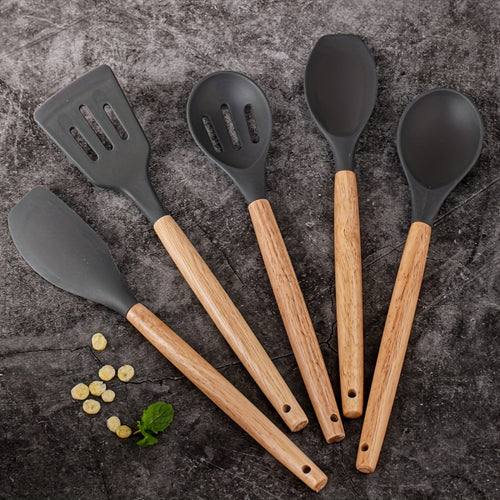Conjunto de 5 peças, Conjunto de Utensílios de Cozinha em Silicone, Conjunto de Ferramentas de Cozinha para Cozinhar de Forma Segura, Conjunto de Utensílios Antiaderentes com Cabos de Madeira, Utensílios de Cozinha Modernos Laváveis, Acessórios de Cozinha, Gadgets de Cozinha, Adições Essenciais para a Cozinha