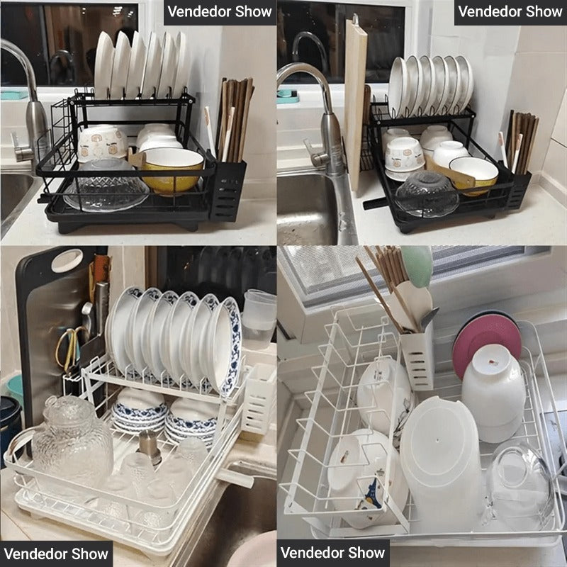 Suporte de Pratos de Aço Carbono de Dois Níveis 2025 com Sistema de Drenagem, Porta-Talheres e Gancho para Copos - Organizador de Cozinha Moderno Preto que Economiza Espaço com Prateleira de Armazenamento Inferior, Suporte de Secagem de Pratos para Bancada, Design Robusto em Forma de A, Não Requer Eletricidade, Acabamento Preto Elegante, Durável e Fácil de Montar, Ideal para Cozinhas Pequenas - Escorredor de Pratos e Prateleira de Armazenamento em Um, Suportes de Pratos para Secagem, Suporte ...