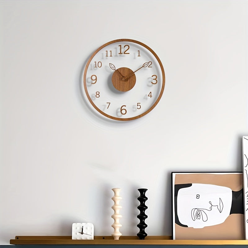 1 peça de um relógio flutuante transparente e minimalista com uma mão criativa em forma de folha, projetado com uma extremidade em grão de madeira. Funciona em silêncio sem tic-tac, tornando-o ideal para decorar o seu sala de estar, quarto, cozinha, escritório.