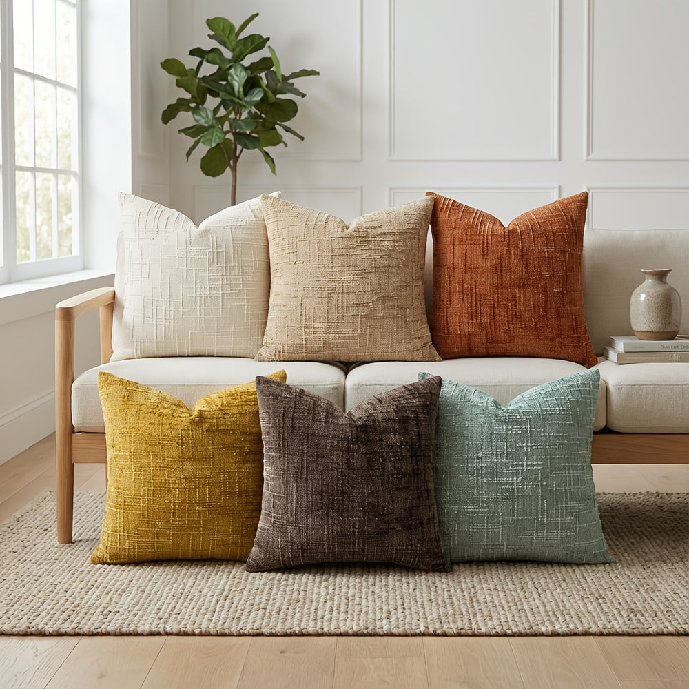 Conjunto de 4 Capas de Almofada Decorativas Boho em Chenille Macio com Textura, 45.72cm*45.72cm, Capas de Almofada Rústicas Lisas com Detalhes, Cores Misturadas, Fecho de Zíper, Tecido, Poliéster, Estilo Aconchegante de Casa de Campo, Lavar à Mão Apenas, Adequado para Primavera, Verão, Outono e Inverno