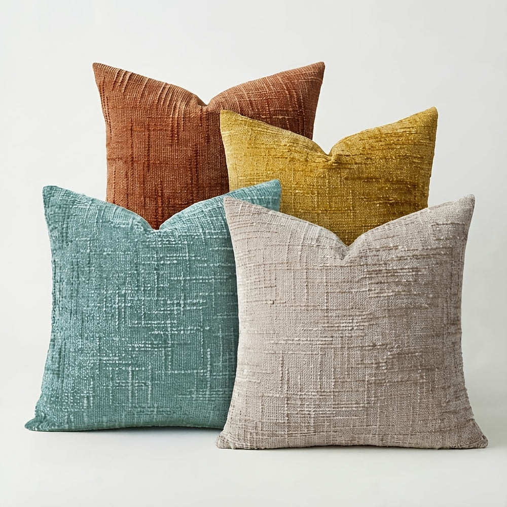 Conjunto de 4 Capas de Almofada Decorativas Boho em Chenille Macio com Textura, 45.72cm*45.72cm, Capas de Almofada Rústicas Lisas com Detalhes, Cores Misturadas, Fecho de Zíper, Tecido, Poliéster, Estilo Aconchegante de Casa de Campo, Lavar à Mão Apenas, Adequado para Primavera, Verão, Outono e Inverno