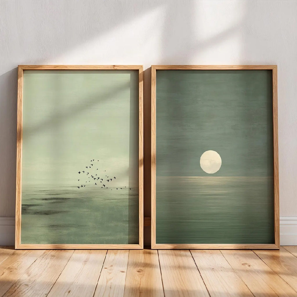 Conjunto de 2, Estampa Minimalista Verde Salva Pôr do Sol | Decoração Zen Escandinava, Obra de Arte de Paisagem Abstrata, Arte de Parede Boho em Tons Terra, Adequado para Quarto, Decoração de Sala de Estar, Presente de Inauguração, Sem Moldura