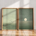 Conjunto de 2, Estampa Minimalista Verde Salva Pôr do Sol | Decoração Zen Escandinava, Obra de Arte de Paisagem Abstrata, Arte de Parede Boho em Tons Terra, Adequado para Quarto, Decoração de Sala de Estar, Presente de Inauguração, Sem Moldura
