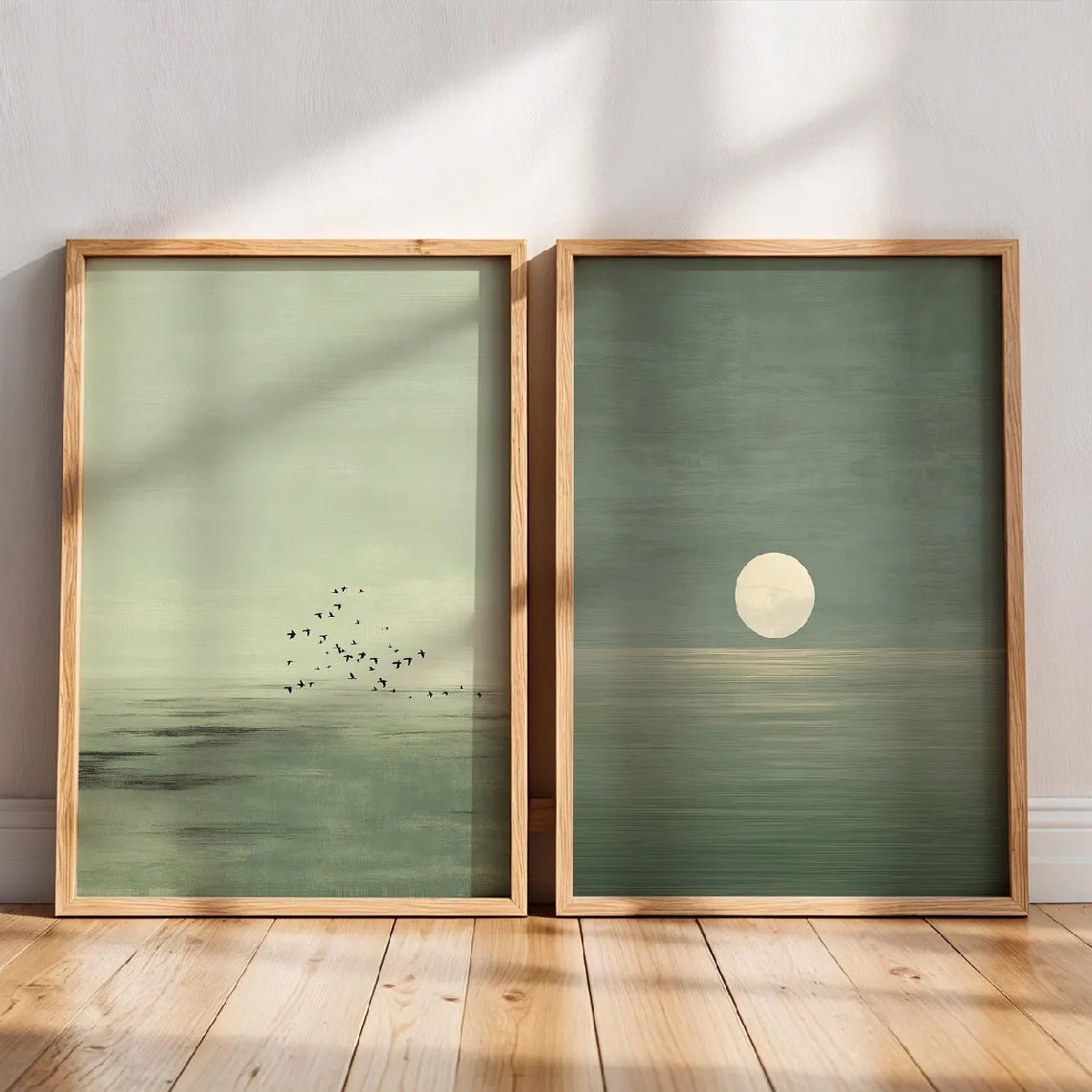 Conjunto de 2, Estampa Minimalista Verde Salva Pôr do Sol | Decoração Zen Escandinava, Obra de Arte de Paisagem Abstrata, Arte de Parede Boho em Tons Terra, Adequado para Quarto, Decoração de Sala de Estar, Presente de Inauguração, Sem Moldura