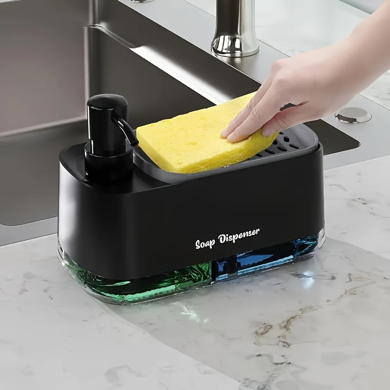 Dispensador de Sabão Preto Moderno com Design Elegante e Detalhes Coloridos para Casa de Banho e Cozinha - Caixa de Armazenamento de Bancada Chique com Suporte de Esponja Incorporado, Sem Ftalatos, Operação Manual, Perfeito para Sabão de Louça e Lavagem de Mãos
