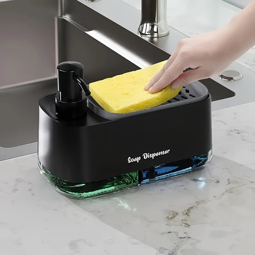 Dispensador de Sabão Preto Moderno com Design Elegante e Detalhes Coloridos para Casa de Banho e Cozinha - Caixa de Armazenamento de Bancada Chique com Suporte de Esponja Incorporado, Sem Ftalatos, Operação Manual, Perfeito para Sabão de Louça e Lavagem de Mãos